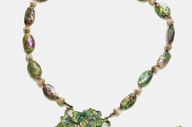 Statement Necklace,  Abalone Oval Shell & Round Pewter Beads,  Matching Painted Leaf Pendant, Toggle clasp